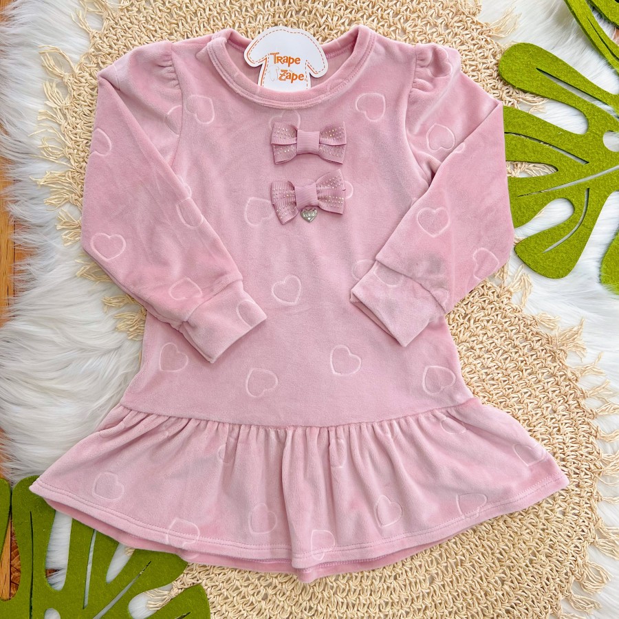 Vestido Manga Longa em Plush Corações e Laços - Rose 